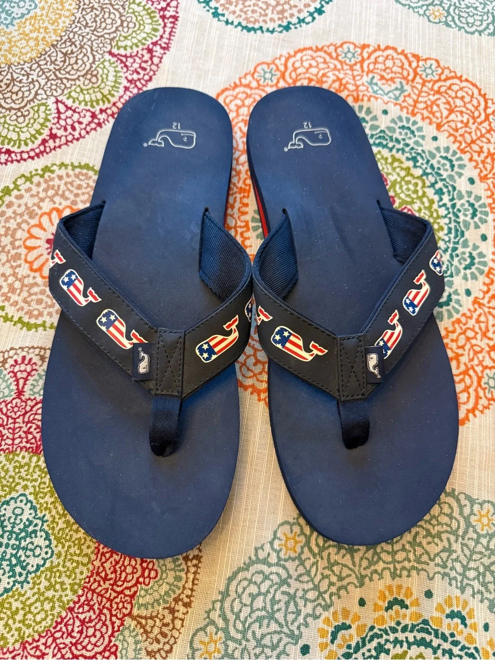 GREAT Vineyard Vines Navy Flip Flops with Red, White & Blue Whale Accents